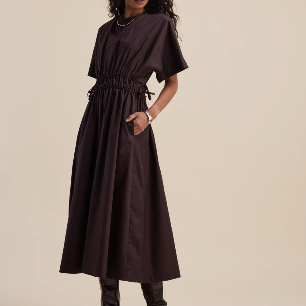 Max Tie Waist Megan Dress: Dark Brown Cinched Waist Summer Dress